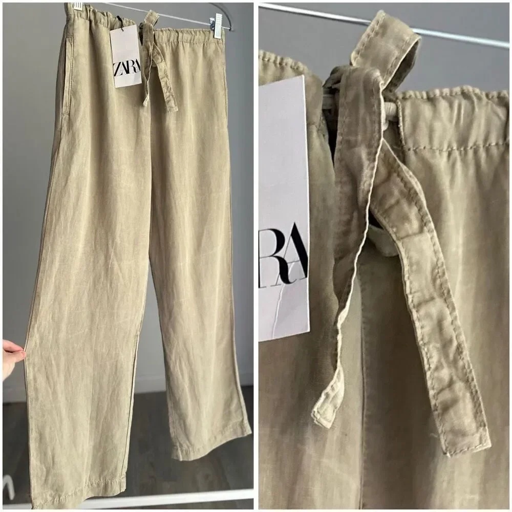 NWT ZARA ZW COLLECTION PAJAMA PANTS LIGHT KHAKI GREEN SMALL